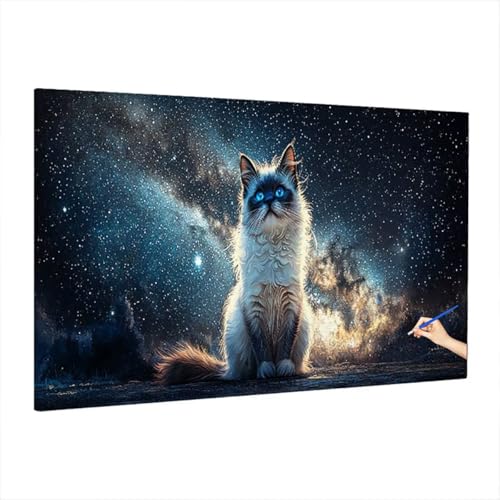 Malen Nach Zahlen Erwachsene Katze, Starry Night Paint by Numbers Kreativ Set für Erwachsene, DIY Handgemalt Ölgemälde Kit mit 3 Pinseln Acrylfarbe Leinwand, Deko Wohnzimmer, Geschenke 220x100cm S-67 von Aynaeinn