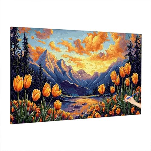 Malen Nach Zahlen Erwachsene Landschaft, Berge Paint by Numbers Kreativ Set für Erwachsene, DIY Handgemalt Ölgemälde Kit mit 3 Pinseln Acrylfarbe Leinwand, Deko Wohnzimmer, Geschenke 220x100cm Z-26 von Aynaeinn