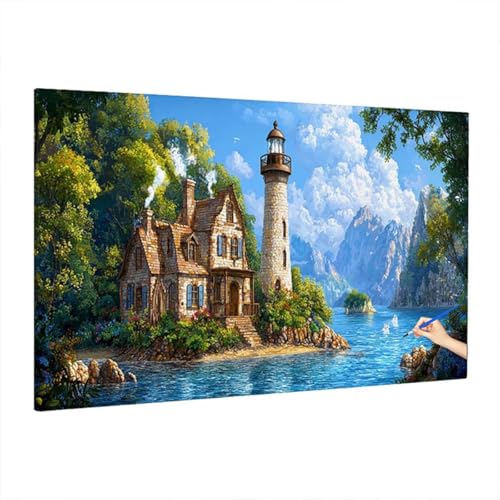 Malen Nach Zahlen Erwachsene Landschaft, Leuchtturm Paint by Numbers Kreativ Set für Erwachsene, DIY Handgemalt Ölgemälde Kit mit 3 Pinseln Acrylfarbe Leinwand, Herbst Deko Wohnzimmer 220x100cm S-70 von Aynaeinn