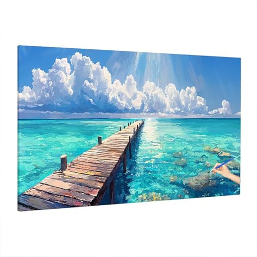 Malen Nach Zahlen Erwachsene Landschaft, Malediven Paint by Numbers Kreativ Set für Erwachsene, DIY Handgemalt Ölgemälde Kit mit 3 Pinseln Acrylfarbe Leinwand, Deko Wohnzimmer, Geschenke 110x50cm D-54 von Aynaeinn