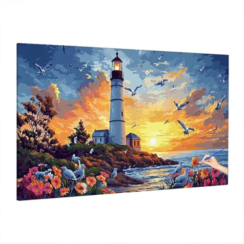 Malen Nach Zahlen Erwachsene Sonnenuntergang 70x30cm, Groß DIY Malen Nach Zahlen Leuchtturm, Painting by Numbers Basteln Erwachsene, Ölgemälde Kit für Anfänger, Herbstdeko, Geschenke für Frauen Z-22 von Aynaeinn