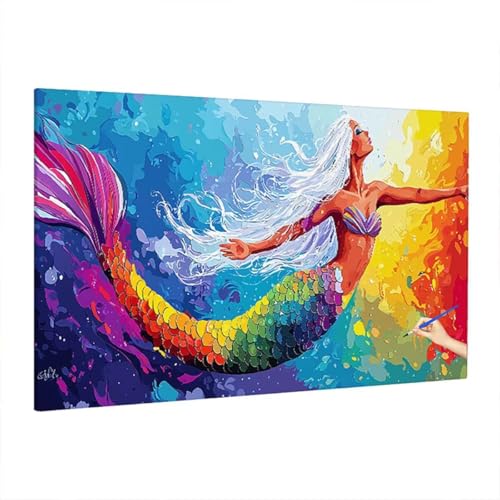 Malen Nach Zahlen Farbe, Malen Nach Zahlen Erwachsene Meerjungfrau, DIY Set Erwachsene Paint by Numbers, Paint by Numbers mit 3 Pinseln und Acrylfarbe, Ölgemälde Kit Deko Wohnzimmer 220x100cm S-14 von Aynaeinn