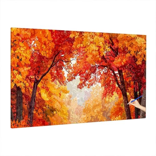 Malen Nach Zahlen Herbst, Malen Nach Zahlen Erwachsene Landschaft, DIY Set Erwachsene Paint by Numbers, Paint by Numbers mit 3 Pinseln und Acrylfarbe, Ölgemälde Kit Herbst Deko Wohnzimmer 90x40cm D-91 von Aynaeinn