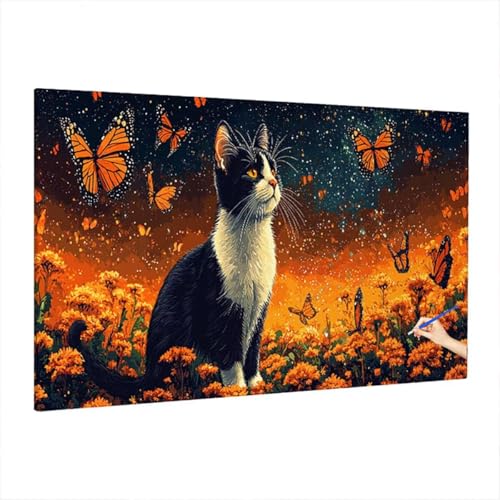 Malen Nach Zahlen Katze, Malen Nach Zahlen Erwachsene Schmetterling, DIY Set Erwachsene Paint by Numbers, Paint by Numbers mit 3 Pinseln und Acrylfarbe, Ölgemälde Kit Deko Wohnzimmer 220x100cm Z-9 von Aynaeinn