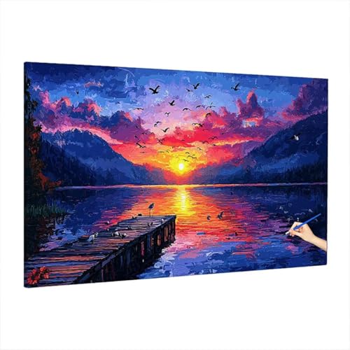Malen Nach Zahlen Landschaft, Malen Nach Zahlen Erwachsene Sonnenuntergang, DIY Set Erwachsene Paint by Numbers, Paint by Numbers mit 3 Pinseln und Acrylfarbe, Ölgemälde Kit Herbst Deko 220x100cm S-35 von Aynaeinn