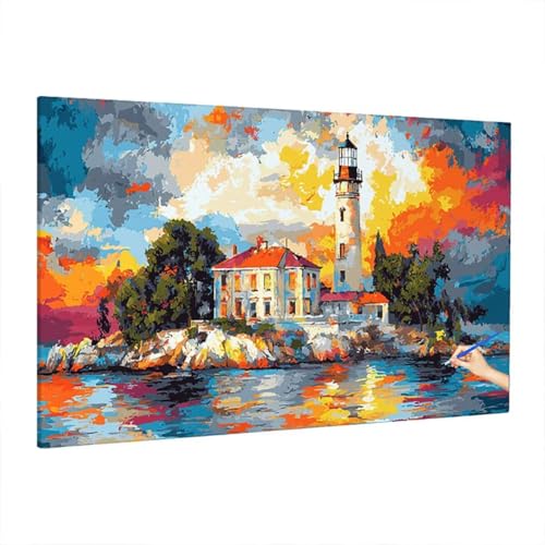 Malen Nach Zahlen Leuchtturm, Malen Nach Zahlen Erwachsene Sonnenuntergang, DIY Set Erwachsene Paint by Numbers, Paint by Numbers mit 3 Pinseln und Acrylfarbe, Ölgemälde Kit Herbst Deko 220x100cm Z-36 von Aynaeinn