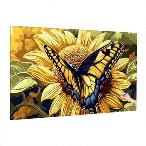 Malen Nach Zahlen Schmetterling, Malen Nach Zahlen Erwachsene Sonnenblumen, DIY Set Erwachsene Paint by Numbers, Paint by Numbers mit 3 Pinseln und Acrylfarbe, Ölgemälde Kit Herbst Deko 220x100cm D-64 von Aynaeinn