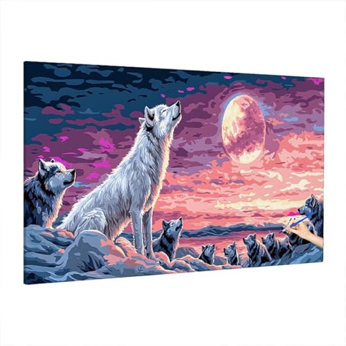 Malen Nach Zahlen Wolf, Malen Nach Zahlen Erwachsene Mond, DIY Set Erwachsene Paint by Numbers, Paint by Numbers mit 3 Pinseln und Acrylfarbe, Ölgemälde Kit für Herbst Deko Wohnzimmer 220x100cm D-28 von Aynaeinn