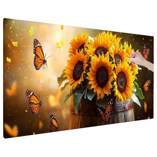 Sonnenblumen Diamond Painting XXL, 5D Diamant Painting Bilder Schmetterlinge mit Vollbohrer Leinwand, Diamond Art Stickerei Kreuzstich Set, Basteln Erwachsene Mosaikherstellung, Wanddeko 140x60 E-56 von Aynaeinn