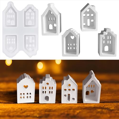 Silikonformen Gießformen Häuser, 4 Stück Gießformen Silikon Haus Mini, Weihnachten Gießformen Silikon, Gips für Gießen Haus Kranz, Gipsformen mit kreativen Beton, Harz Gießharz, Raysin Gießpulver von Ayolofei