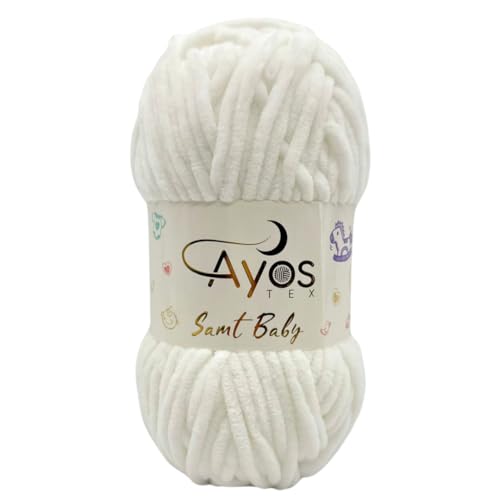 Ayos Samt Baby 120m, 100g I 100% Polyester I kuschelweiche Baby Wolle I Flauschwolle I Chenillewolle I zum Häkeln und Stricken (199-01 Weiß) von AyosTex