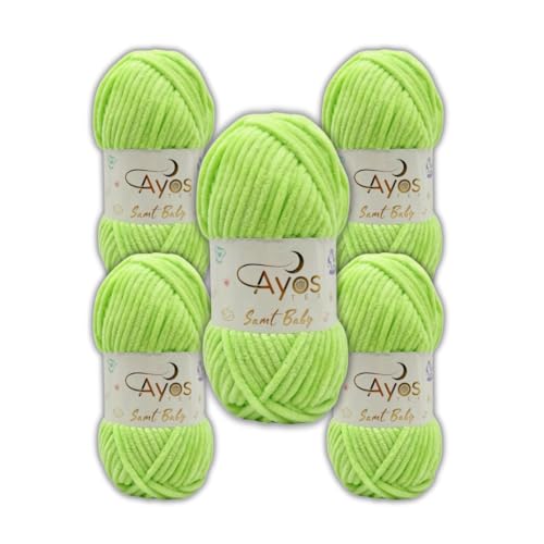 Ayos Samt Baby 120m, 5x100g Chenillewolle I Limette I 100% Polyester I kuschelweiche Baby Wolle I Flauschwolle I Pelüschwolle I zum Häkeln und Stricken 47 Limetten grün von AyosTex