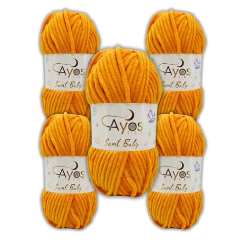 Ayos Samt Baby 120m, 5x100g Chenillewolle I Orange I 100% Polyester I kuschelweiche Baby Wolle I Flauschwolle I Pelüschwolle I zum Häkeln und Stricken 25 Orange von AyosTex