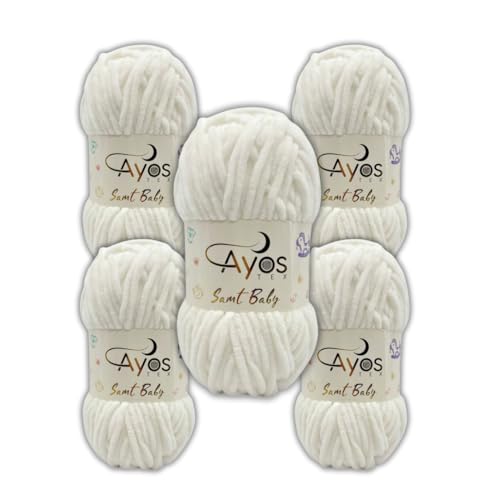 Ayos Samt Baby 120m, 5x100g Chenillewolle I 100% Polyester I kuschelweiche Baby Wolle I Flauschwolle I Pelüschwolle I zum Häkeln und Stricken 01 Weiß von AyosTex