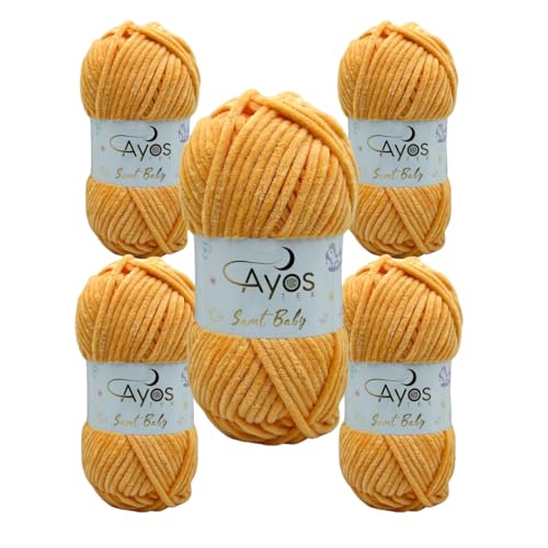 Ayos Samt Baby 120m, 5x100g Chenillewolle I 100% Polyester I kuschelweiche Baby Wolle I Flauschwolle I Pelüschwolle I zum Häkeln und Stricken 43 Helles orange von AyosTex