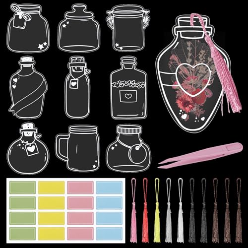 52-teiliges Lesezeichen-Set zum Selbermachen, transparent, getrocknete Blumen, Lesezeichen zum Selbermachen, Set enthält klare Lesezeichen, bunte Quasten, Pinzette und offene Etiketten (gepresste von Aysatogc