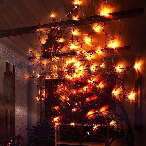 Azazaza Halloween Spinnennetz Lichter, 8 Modi 70 LED Halloween Deko Licht mit Plüsch Spinne, LED Spinnennetz Lichterkette mit Fernbedienung für Innen Wand Tür Party Bar (Orange Licht, Batterie) von Azazaza