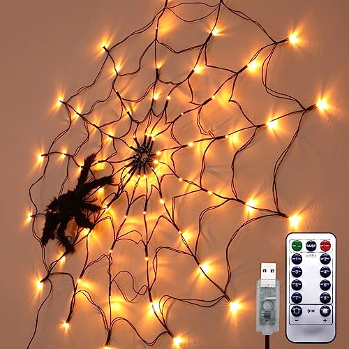 Azazaza Halloween Spinnennetz Lichter, 8 Modi 70 LED Halloween Deko Licht mit Plüsch Spinne, LED Spinnennetz Lichterkette mit Fernbedienung für Innen Wand Tür Party Bar (Warmes Licht, USB) von Azazaza