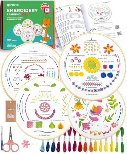 Azenera Stickerei-Lernset für Anfänger – Lernen Sie verschiedene Stiche, einfache Muster mit Videoanleitung | Enthält Fäden, Bambusreifen, 4 Stoff-Designs, Werkzeuge Azenera Stickerei-Lernset für Anfänger – Lernen Sie verschiedene Stiche, einfache Muster mit Videoanleitung | Enthält Fäden, Bambusreifen, 4 Stoff-Designs, Werkzeuge von Azenera