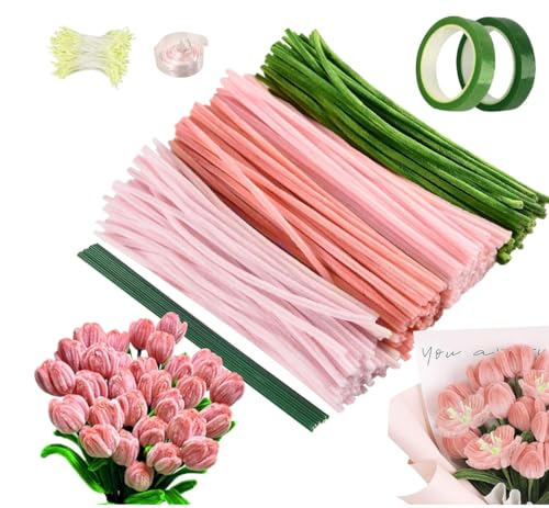 300 Stück Pfeifenreiniger Blumen Set, Pfeifenputzer zum Basteln, 4 Farben Pipe Cleaner, Pfeifenreiniger zum Basteln mit 20 Grün Basteldraht, Geschenkband, Floristenband, Staubblätter, Rosa 300 Stück Pfeifenreiniger Blumen Set, Pfeifenputzer zum Basteln, 4 Farben Pipe Cleaner, Pfeifenreiniger zum Basteln mit 20 Grün Basteldraht, Geschenkband, Floristenband, Staubblätter, Rosa von Azhong toys