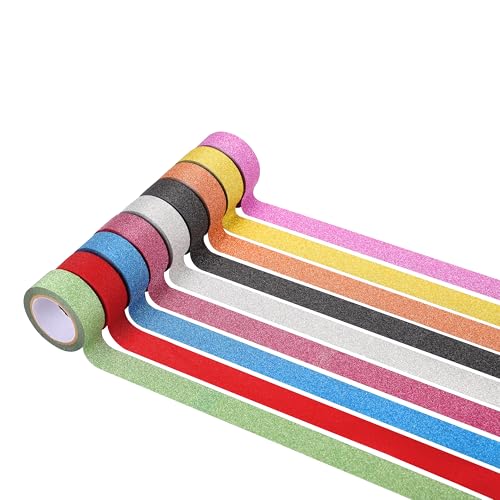 Azinoo Colored Arts Klebeband, 9 Rollen, DIY-Glitzerband, buntes glitzerndes dekoratives Klebeband, perfekt für Kinder-Kunstbedarf, Basteln, Beschriften, DIY-Projekte, leicht abreißbar und entfernbar von Azinoo