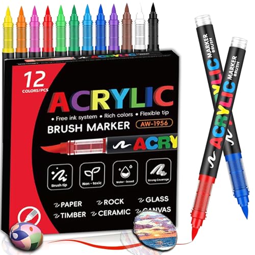 Aziool Acrylstifte Set 2025 Upgrade - Filzstifte Kinder & Acrylic Marker für Steine zum Bemalen, Leinwand, Keramik, Direkttinte Stifte für fotoalbum zum selbstgestalten (12 Farben) von Aziool