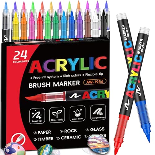 Aziool Acrylstifte Set 2025 Upgrade - Filzstifte Kinder & Acrylic Marker für Steine zum Bemalen, Leinwand, Keramik, Direkttinte Stifte für fotoalbum zum selbstgestalten (24 Farben) von Aziool