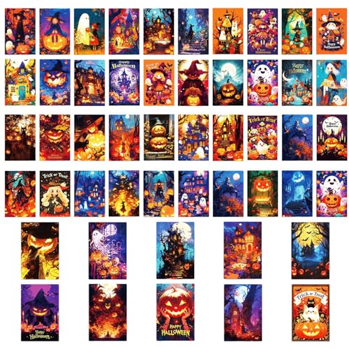 Aznever Vintage Halloween-Postkarten,Halloween-Grußkarten | 50X Horror-Postkarten - 10,2 x 15,2 cm große, sortierte Grußkarten mit Kürbis-Skelett und Geisterschloss, Feiertags-Mitteilungskarten für von Aznever