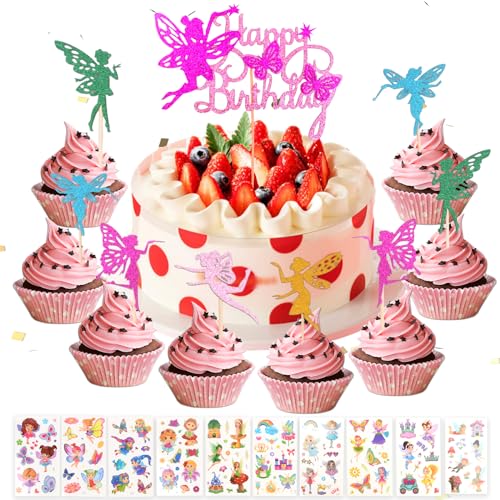 31Pcs Glitter Fairy Cupcake Toppers, Fee Party Dekoration Kuchen Topper Dekoration, Mädchen Kuchen Topper Dekoration Feen Geburtstag,Fee Kuchen Cupcake Topper für Kinder Geburtstagsdeko von Azonelife