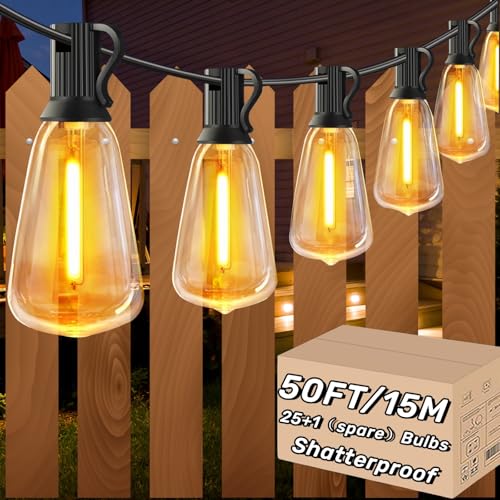 AzureStar Lichterkette Außen Strom 15M LED Outdoor Lichterkette mit 25+1 ST38 IP44 Wetterfest Glühbirne Verlängerbar 50FT Garten Lichterkette Aussen für Balkon,Bäume,Hochzeit,Party,Festival,2700K von AzureStar