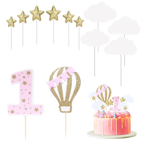 AZWOOD Kuchendekorationen für den ersten Geburtstag, 12 Stück, Happy 1st Birthday, Glitzer, Heißluftballon, Stern, Wolke, Cupcake-Topper – 1 Jahr Babyparty, Partyzubehör für Kinder und Mädchen (Gold von Azwood