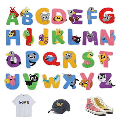 Bestickte Aufnäher Alphabet, AZWOOD Patches Zum Aufbügeln von A-Z, leuchtende Farben, Dekorative Bastelflicken zum Aufnähen auf Kleidung, Kleid, Hut, Jeans,Rucksäcke, DIY-Zubehör, 26 Stück von Azwood