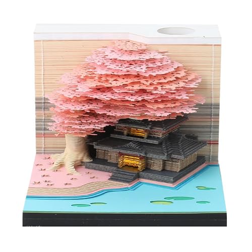 3D Notizblock Unklebend 3D Schloss Modell mit transparenter Sichtbox, 9 x 8 x 5 cm, 170 Blatt, Tischdeko (Rosa, Haus & Baum) von B BachVibes