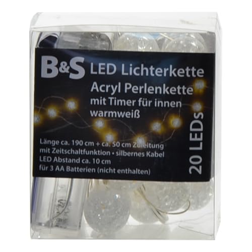 B & S LED Batterie Acryl Perlen Lichterkette mit 20 LEDs warmweiß Innenbereich von B & S