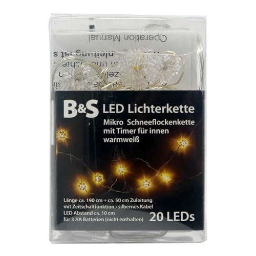 B & S LED Mikro Lichterkette Schneeflocke 20 LEDs warmweiß Batteriebetrieb Timer Innen von B & S