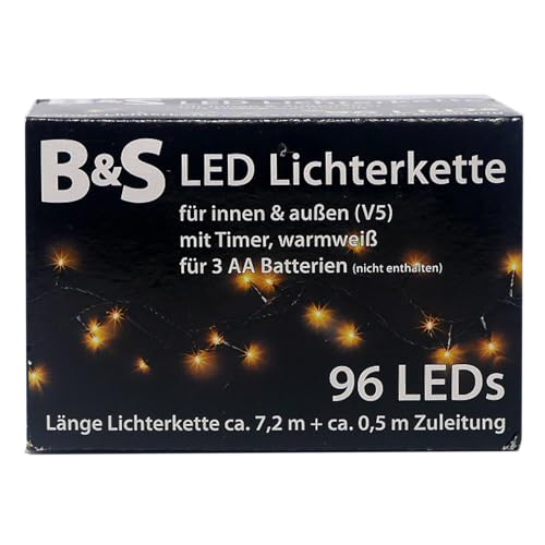 LED Lichterkette 96 LEDs warmweiß Batteriebetrieb - 8 Std Timer Innen & Außen von B & S