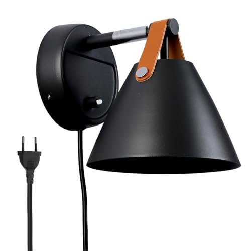 B·LED BARCELONA LED Wandlampe mit Kabel und Schalter, schwarze Steckdose mit Lederband, GU10-Sockel, für Schlafzimmer, Bett, Wohnzimmer, Nachttisch, L3054-N von B·LED BARCELONA LED