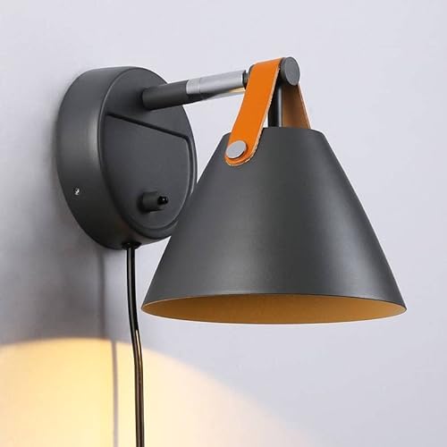 B·LED BARCELONA LED Wandleuchte mit Kabel und Schalter, nordische Steckdose mit Lederband, GU10-Sockel, Wandleuchte mit Kabel und Schalter, für Schlafzimmer, Bett, Wohnzimmer, Nachttisch (Grau) von B·LED BARCELONA LED