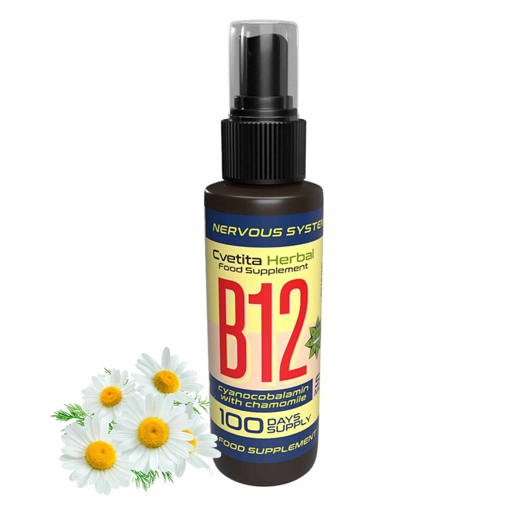Vitamin B12 Cyanocobalamin Mit Kamille Extrakt Flüssig Ergänzung Spray Für Nervensystem Müdigkeit Vegan Freundlich 30Ml von B2Btrade