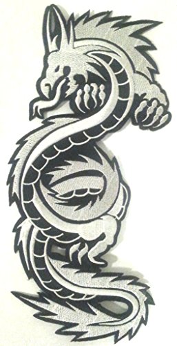 Aufnäher Drache Patches groß für Jacken Kleidung Jeans Stoff Kleidung Bügel-Bild-Flicken-Applikation Aufbügler zum aufbügeln „ Drachen schwarz silber 28 x 12 cm " … von B2SEE