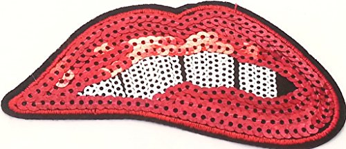 Glitzer Lippen Mund Aufnäher Bügelbild Patch Applikation mit Pailletten Glitzer 11 x 5,5 cm von B2SEE