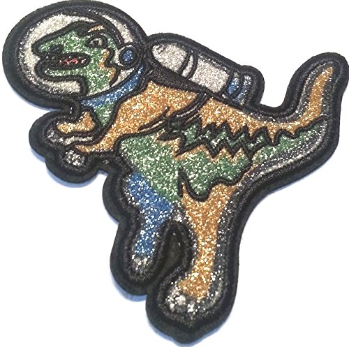Iron on Bügel Aufnäher Patches Flicken Aufbügler Applikation Kleidung Glitzer Tiere Dino on the moon 8 x 8 cm von B2SEE