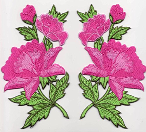 Iron on Bügel Aufnäher Patches Flicken Sticker Aufbügler Bügelbilder Applikation Kleidung Stoff Textilien Blumen zum aufbügeln " 2 er Set pink 14 x 8 cm je Blume " von B2SEE