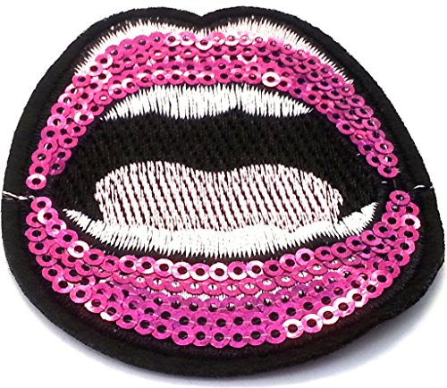 Strass Glitzer Lippen Mund Aufnäher Aufbügler Bügelbilder Set Iron on Patches Applikation mit Pailletten Glitzer für Kleider Frauen zum aufbügeln " Pink Lips 7 x 6 cm " von B2SEE