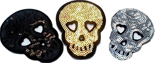 Strass Glitzer Skull Aufnäher Aufbügler Bügelbilder Set Iron on Patches Applikation mit Pailletten Glitzer für Kleider Frauen zum aufbügeln " 3 Skulls schwarz silber und gold je 8 x 5 cm " Strass Glitzer Skull Aufnäher Aufbügler Bügelbilder Set Iron on Patches Applikation mit Pailletten Glitzer für Kleider Frauen zum aufbügeln " 3 Skulls schwarz silber und gold je 8 x 5 cm " von B2SEE