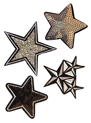 B2SEE Strass Glitzer Stern Sterne Aufnäher Patches Applikationen mit Strass Pailletten Glitzer Set groß zum aufbügeln 4 Stück Glitzer- Sterne je 8-10 cm von B2SEE