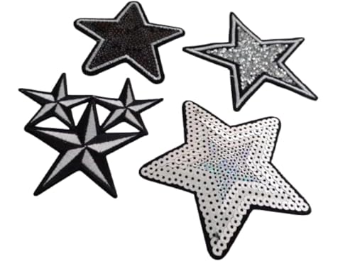 B2SEE Strass Glitzer Stern Sterne Aufnäher Patches Applikationen mit Strass Pailletten Glitzer Set groß zum aufbügeln 4 Stück Glitzer- Sterne je 8-10 cm von B2SEE