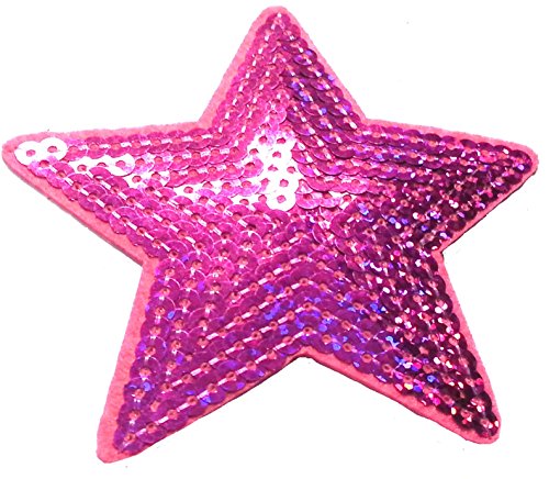 Strass Glitzer Sterne Aufnäher Aufbügler Bügelbilder Sticker Iron on Patches Applikation mit Pailletten für Textilien Kleider Frauen zum aufbügeln " Pink Stern 8,8 cm " von B2SEE