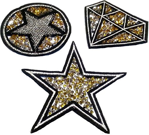 Strass Glitzer Sterne Aufnäher Patches Bügelbilder Applikation Set mit Strass zum aufbügeln 3 er Set gold Töne von B2SEE