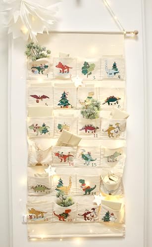 Adventskalender zum Befüllen, Kinder, Stoff, Alternative zu Tüten, groß xxl, Holz, Idee für Weihnachten 2023, hängend, Wandkalender, Wandteppich, wiederverwendbar, für Mädchen Jungs [Dinosaurier] von BABYLEDO